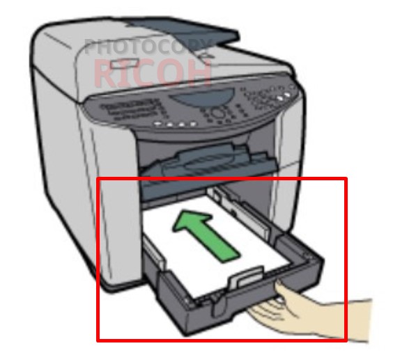 Xử lí lỗi kẹt giấy máy photocopy Ricoh - kẹt khay 1 (Tray 1): đẩy khay chưa giấy lại vào máy