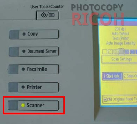 cách scan tài liệu từ máy photocopy vào máy tính : chọn phím Scanner trên máy