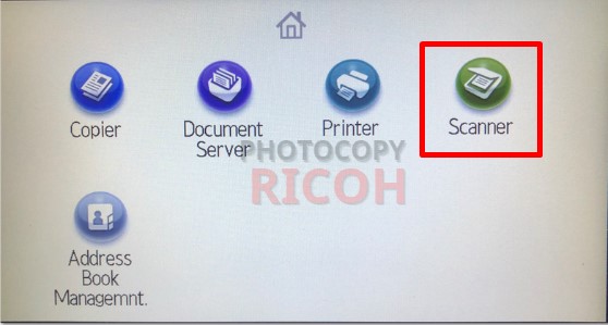 cách scan tài liệu từ máy photocopy vào máy tính : chọn phím SCANNER trên màn hình cảm ứng.