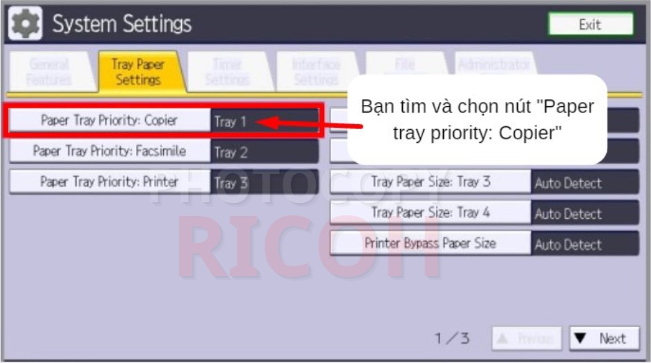 Cách cài đặt khổ giấy cho máy photocopy Ricoh : Chọn Paper Tray Priority: Copier - Tray 1