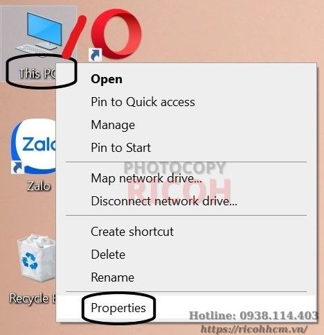Hướng dẫn cài đặt driver máy photocopy Ricoh 5002: nhấp phải chuột vào biểu tượng My Computer, chọn Properties để xem thông tin hệ điều hành của máy tính.