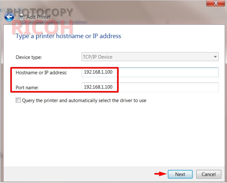 Hướng dẫn cài đặt driver máy photocopy Ricoh 5002: chọn Hostname or IP address với dòng số 192.168.1.100. Làm tương tự với Port name