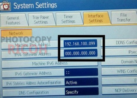 Hướng dẫn cài đặt driver máy photocopy Ricoh 5002: nhập Machine Address với 192.168.100.099, nhập Gateway Address với 000.000.000.000