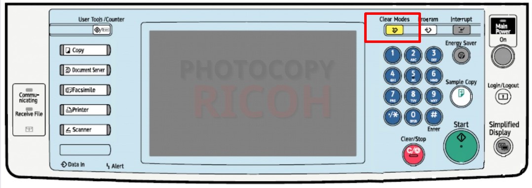 hướng dẫn sử dụng máy photocopy Ricoh : Phím Clear mode dùng để xóa các thiết lập hiện tại, đưa máy photocopy về trạng thái ban đầu.