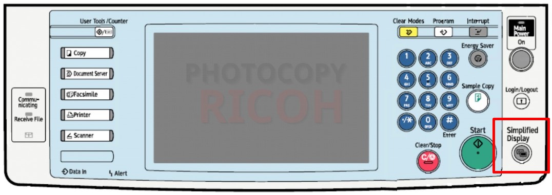 hướng dẫn sử dụng máy photocopy Ricoh : phím Simplified Display giúp màn hình thay đổi từ hiển thị ban đầu sang hiển thị đơn giản hóa