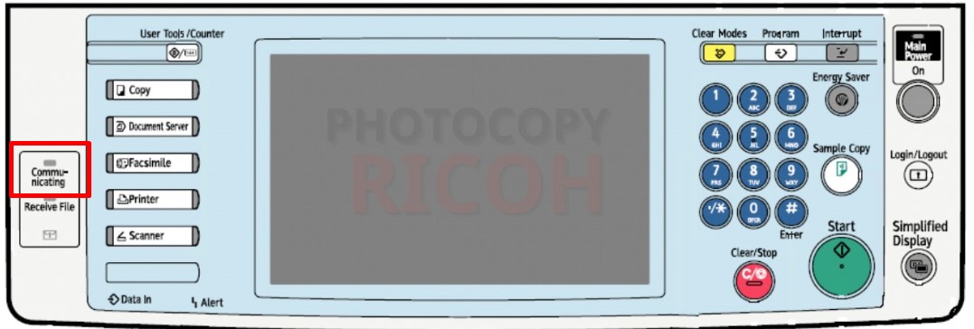hướng dẫn sử dụng máy photocopy Ricoh : Phím Communicating indicator sẽ sáng liên tục trong khi trong thời gian máy photocopy đang chuyển hay nhận dữ liệu.