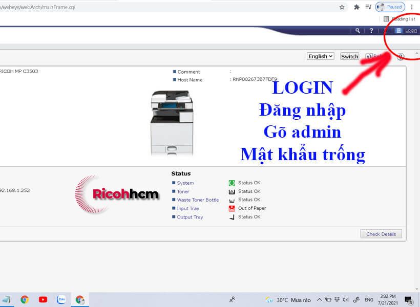 Hướng dẫn cài Scan To Folder photocopy RICOH : đăng nhập trình duyệt